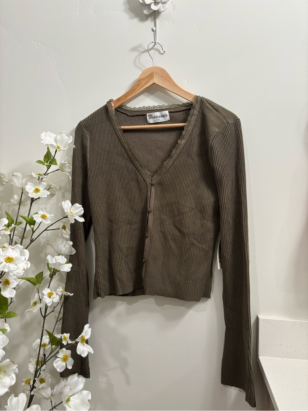 Olive Ribbed V-Neck Button Cardigan Sweater
